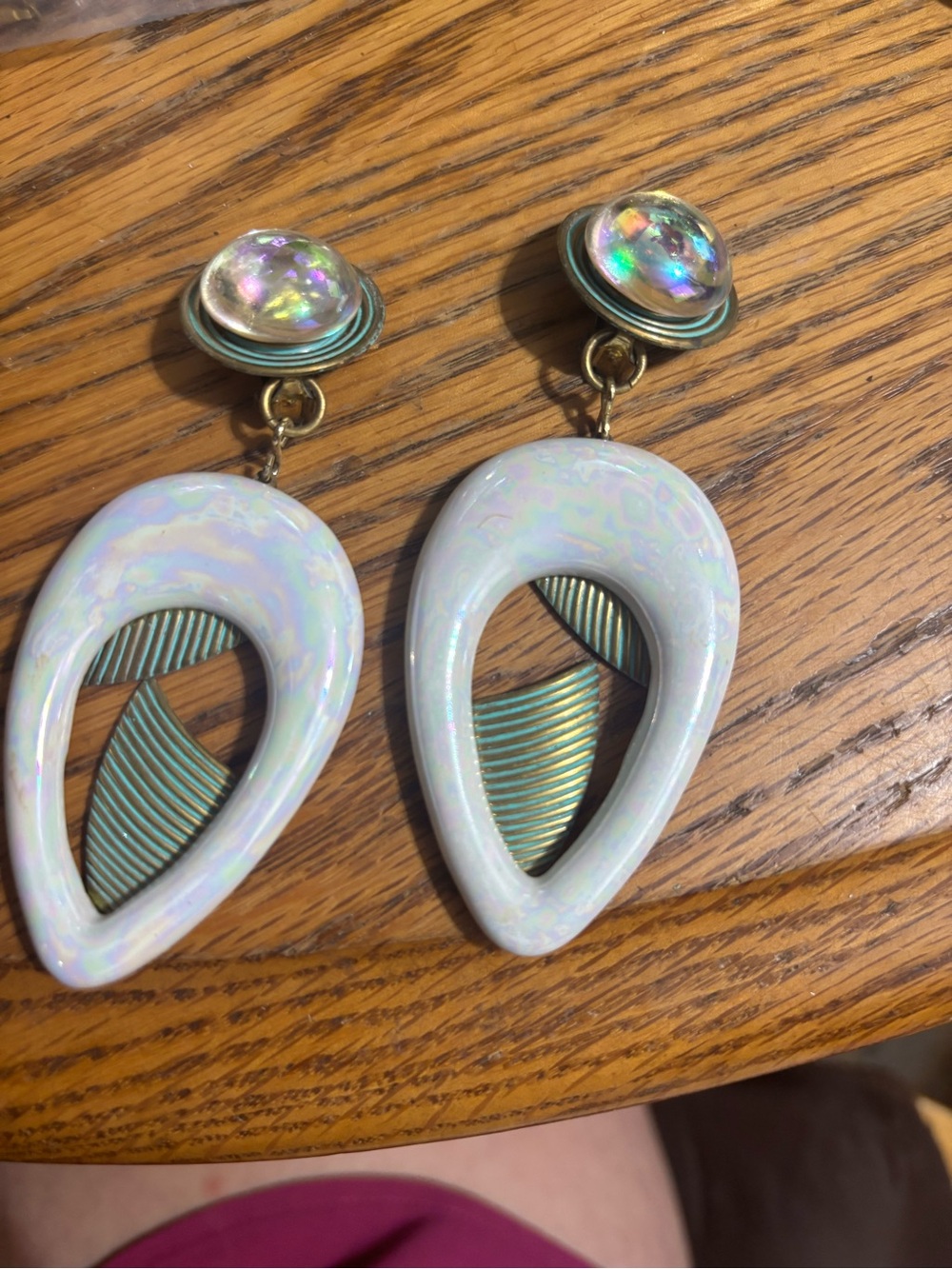 Iridescent White Resin Drop Earrings with Turquoise Accents